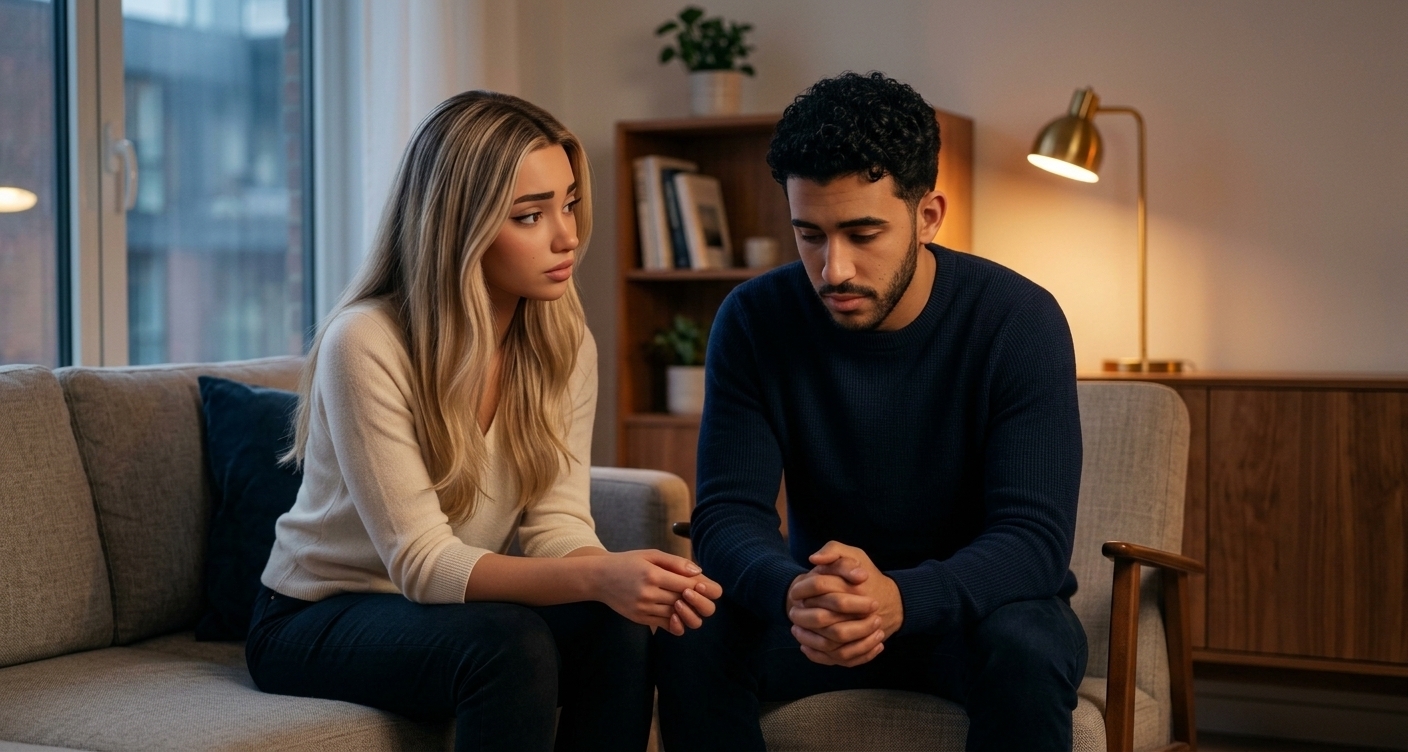 A young couple sitting on a couch processing an emotionally intense conversation